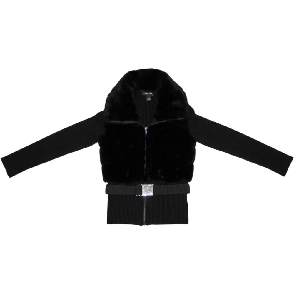 White House Black Market Faux Fur Belted Ribbed Sweater Jacket Women XS Black
